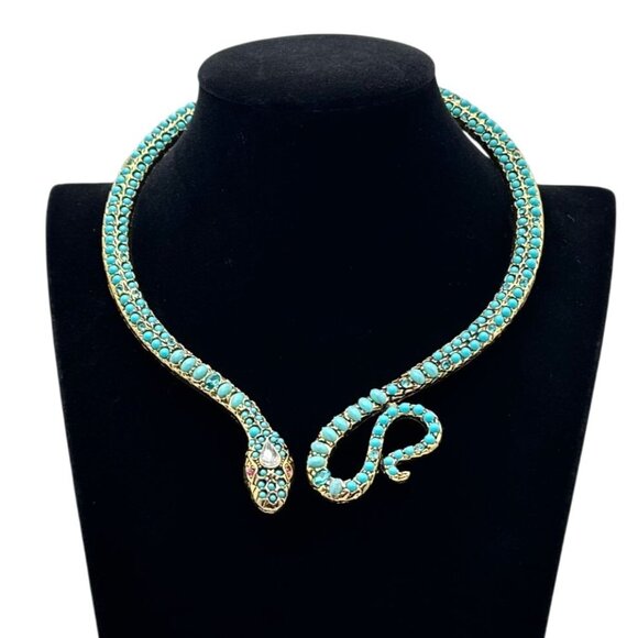 Egyptian Revial Faux Turquoise Rhinestone Gold Snake Collar Statement Necklace - Picture 3 of 5